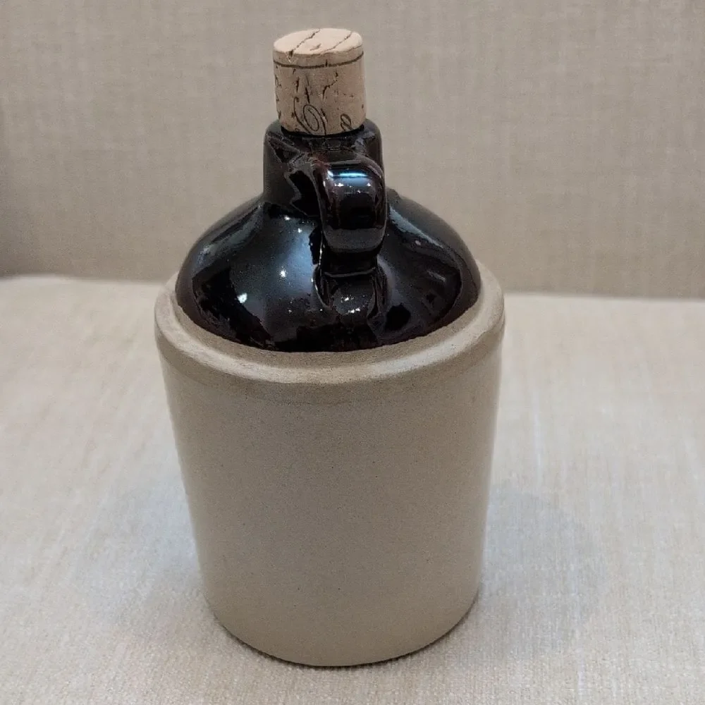 Vintage Pottery Whiskey Crock Stoneware Jug with Handle and Cork Made In USA